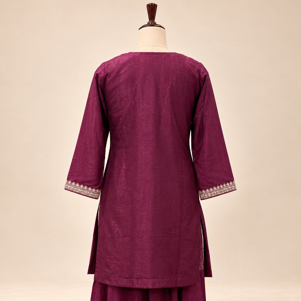 Elegant Maroon Chinon Embroidered Palazzo Salwar Set