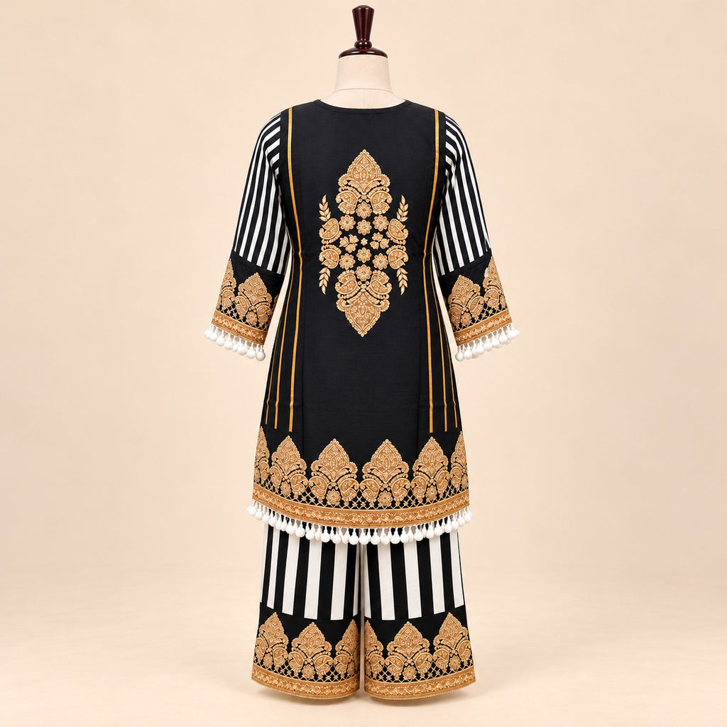 Black Crepe Golden Embroidered Palazzo Salwar Set