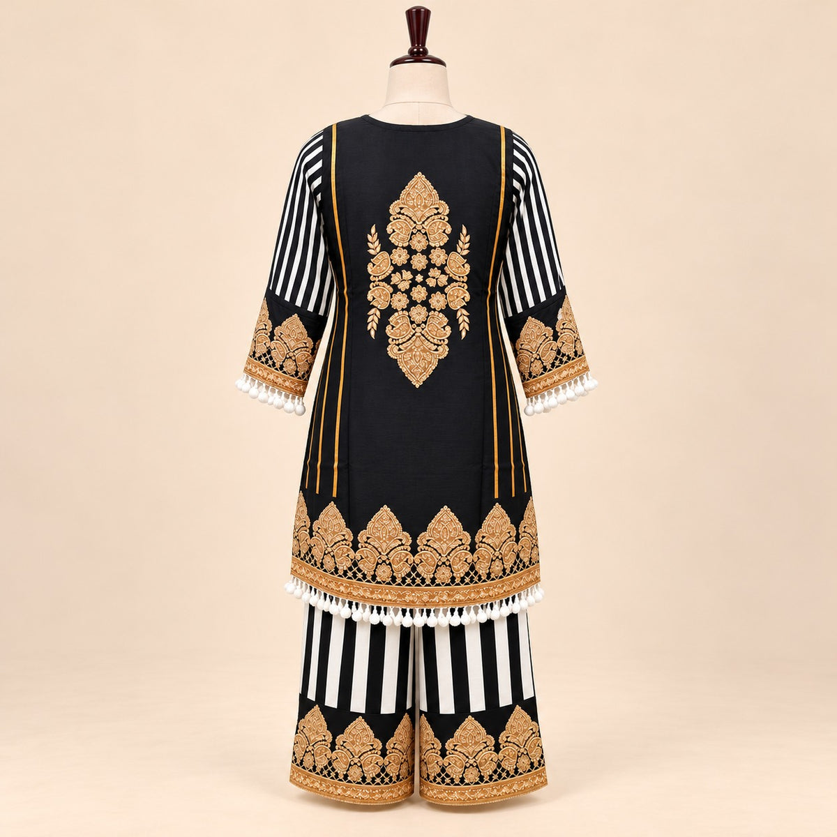 Black Crepe Golden Embroidered Palazzo Salwar Set