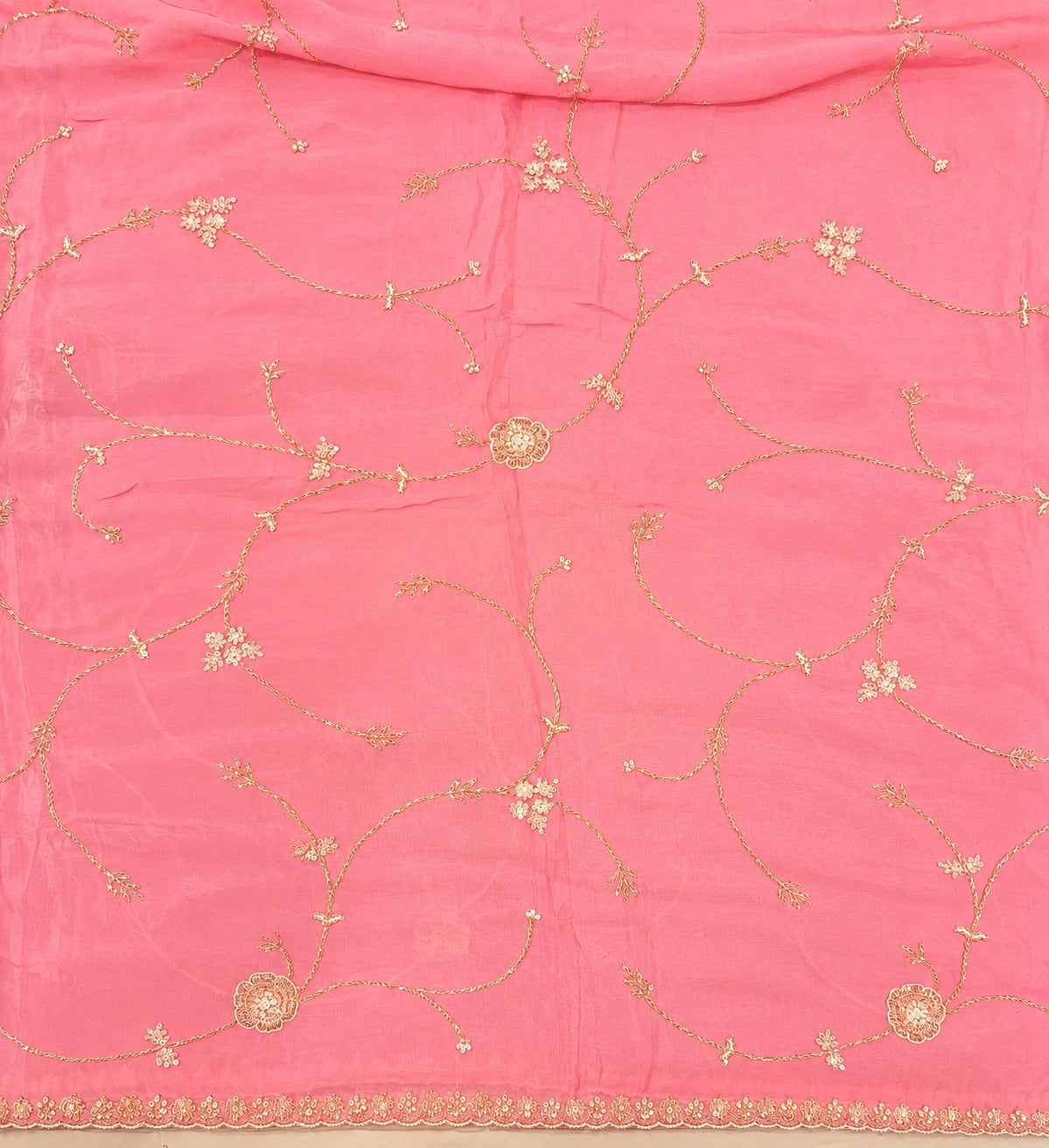 Pink Crepe Gold Embroidered Unstitched Dress Material Set