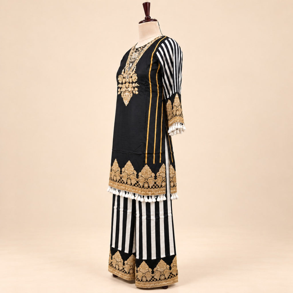 Black Crepe Golden Embroidered Palazzo Salwar Set