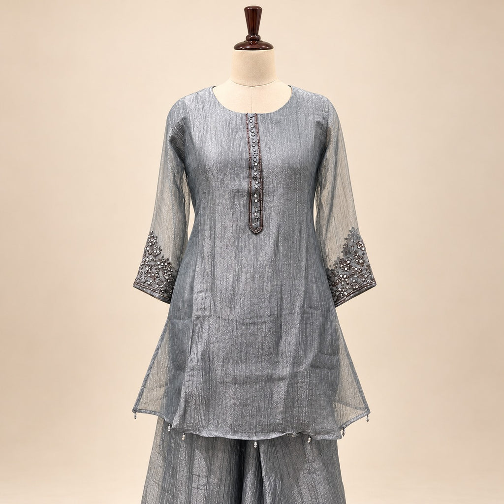 Elegant Grey Crepe Palazzo Salwar Set