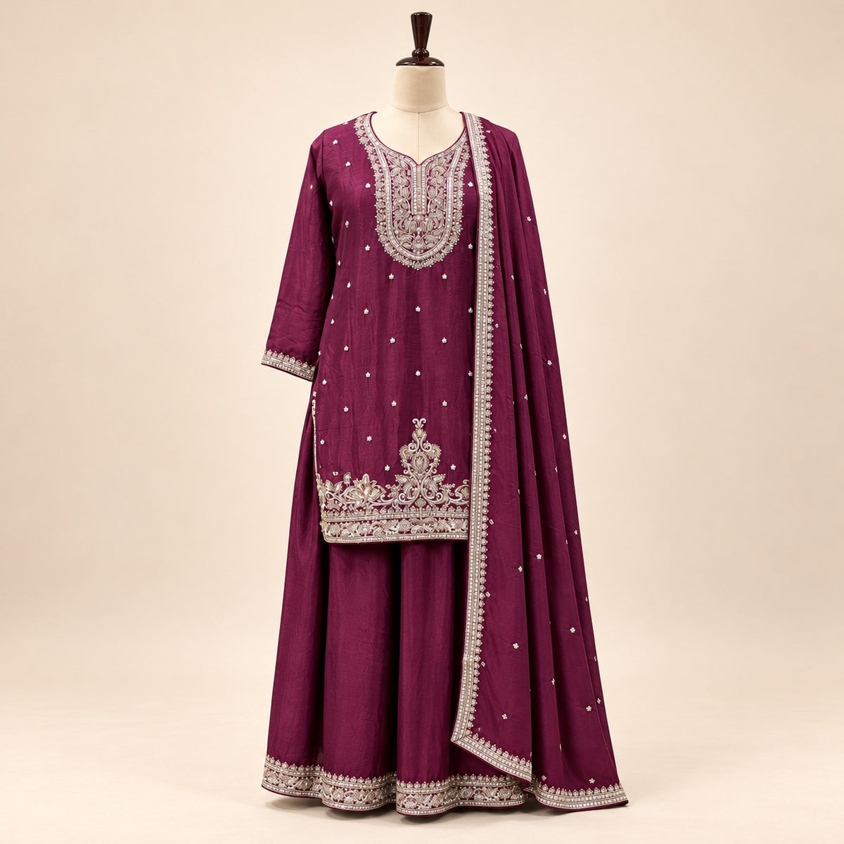 Elegant Maroon Chinon Embroidered Palazzo Salwar Set