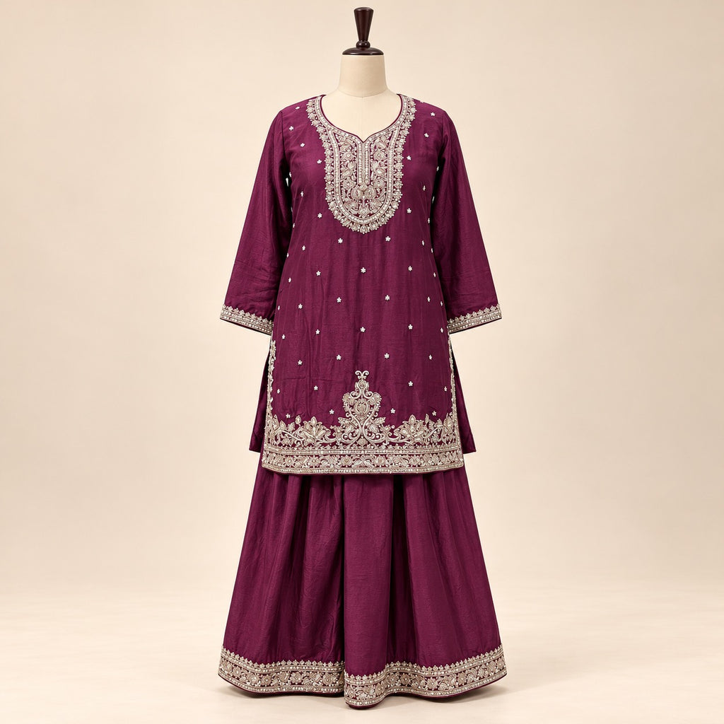 Elegant Maroon Chinon Embroidered Palazzo Salwar Set