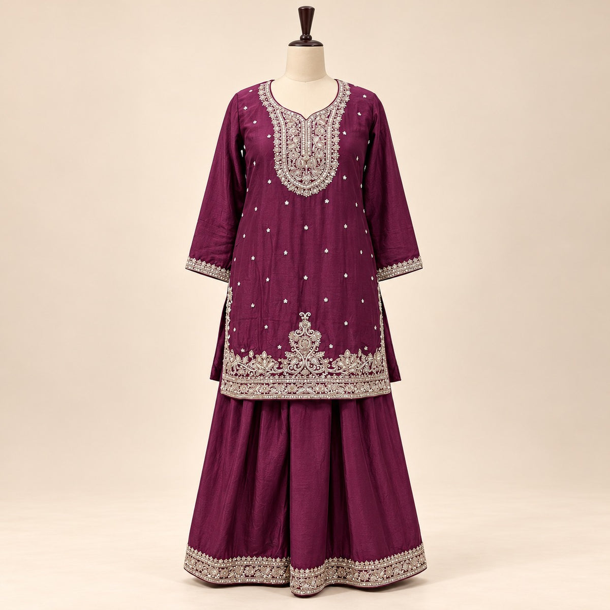 Elegant Maroon Chinon Embroidered Palazzo Salwar Set
