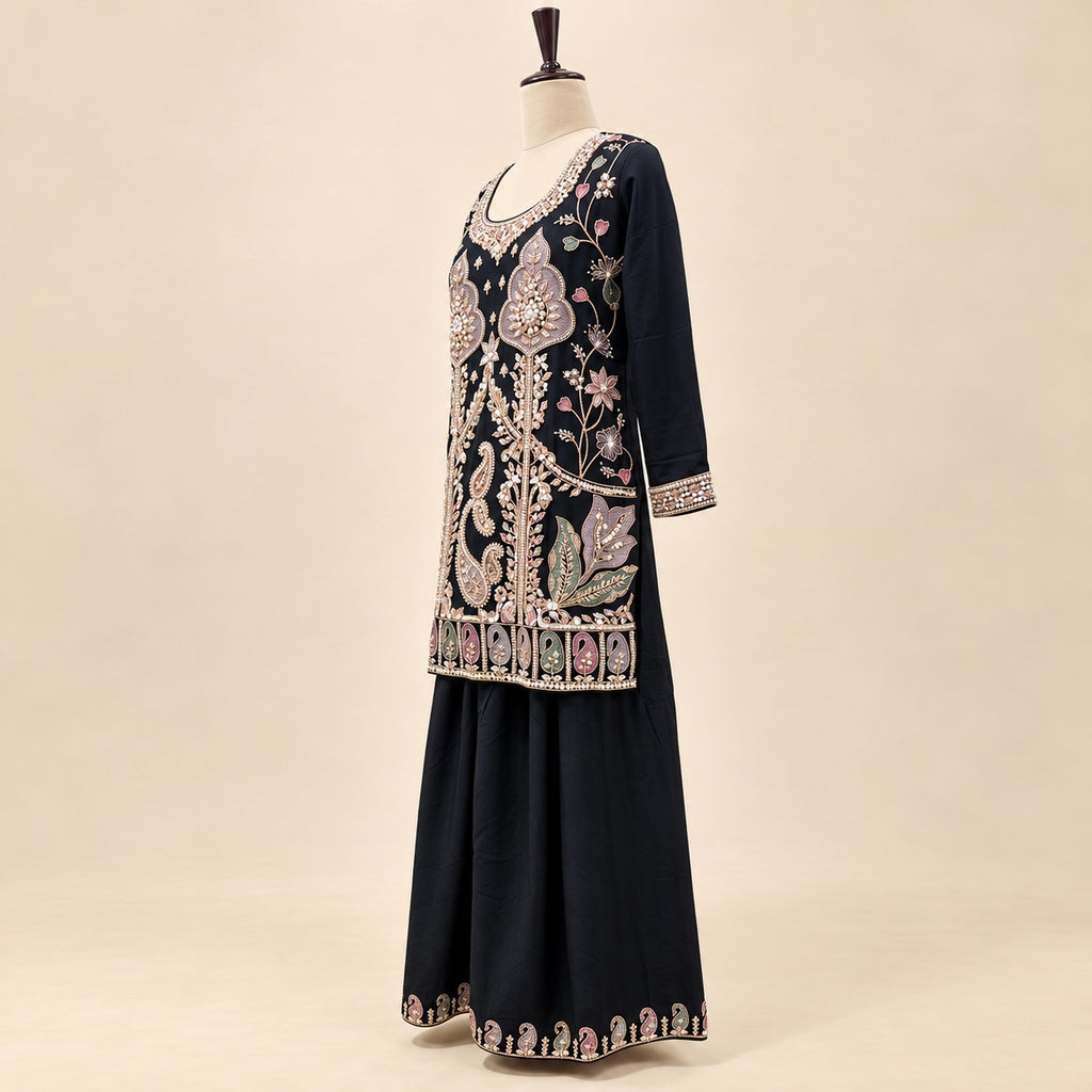 Elegant Black Crepe Embroidered Palazzo Salwar Set