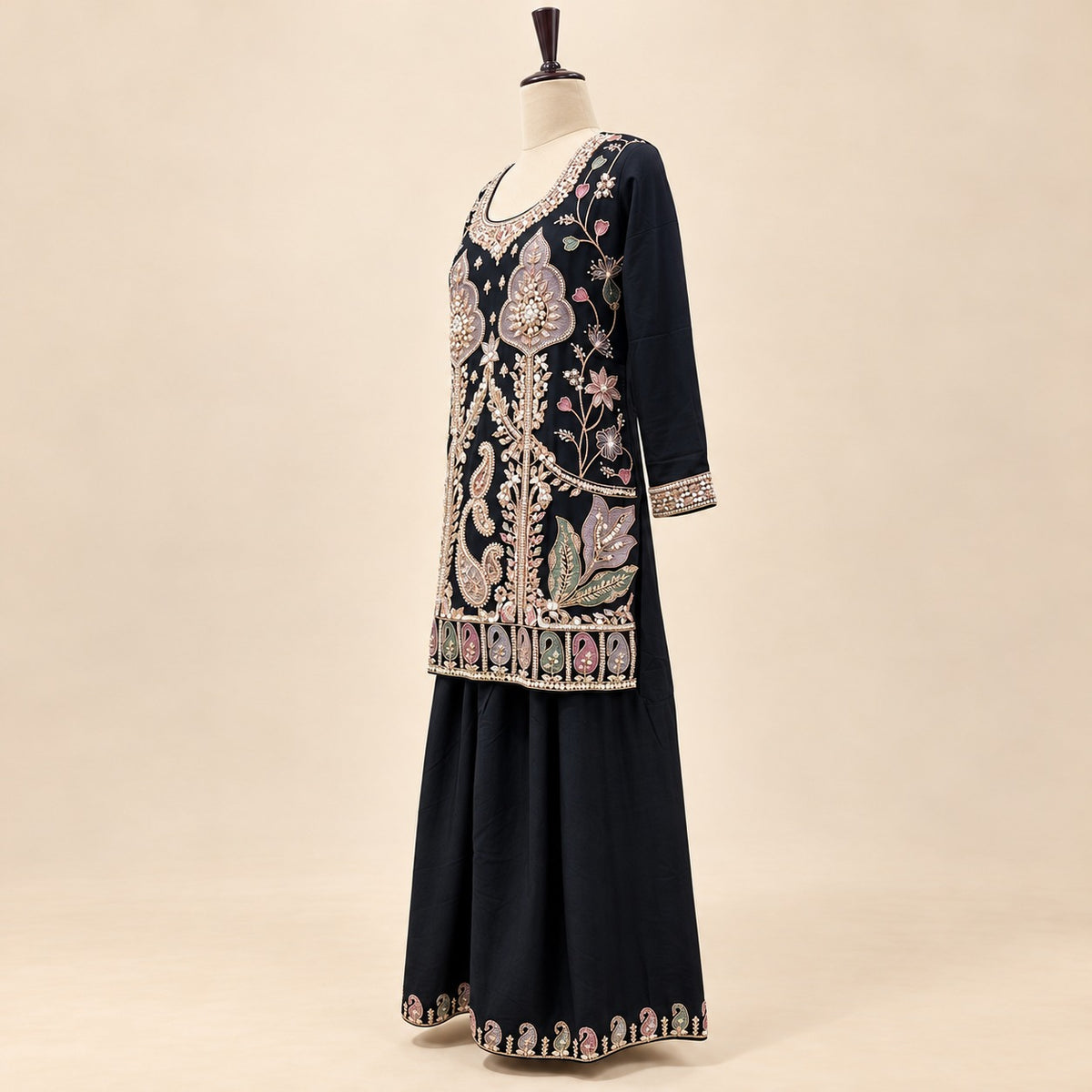 Elegant Black Crepe Embroidered Palazzo Salwar Set