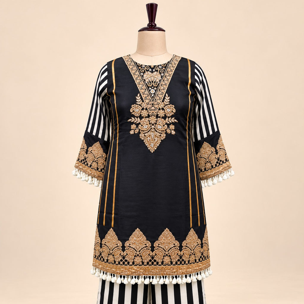 Black Crepe Golden Embroidered Palazzo Salwar Set