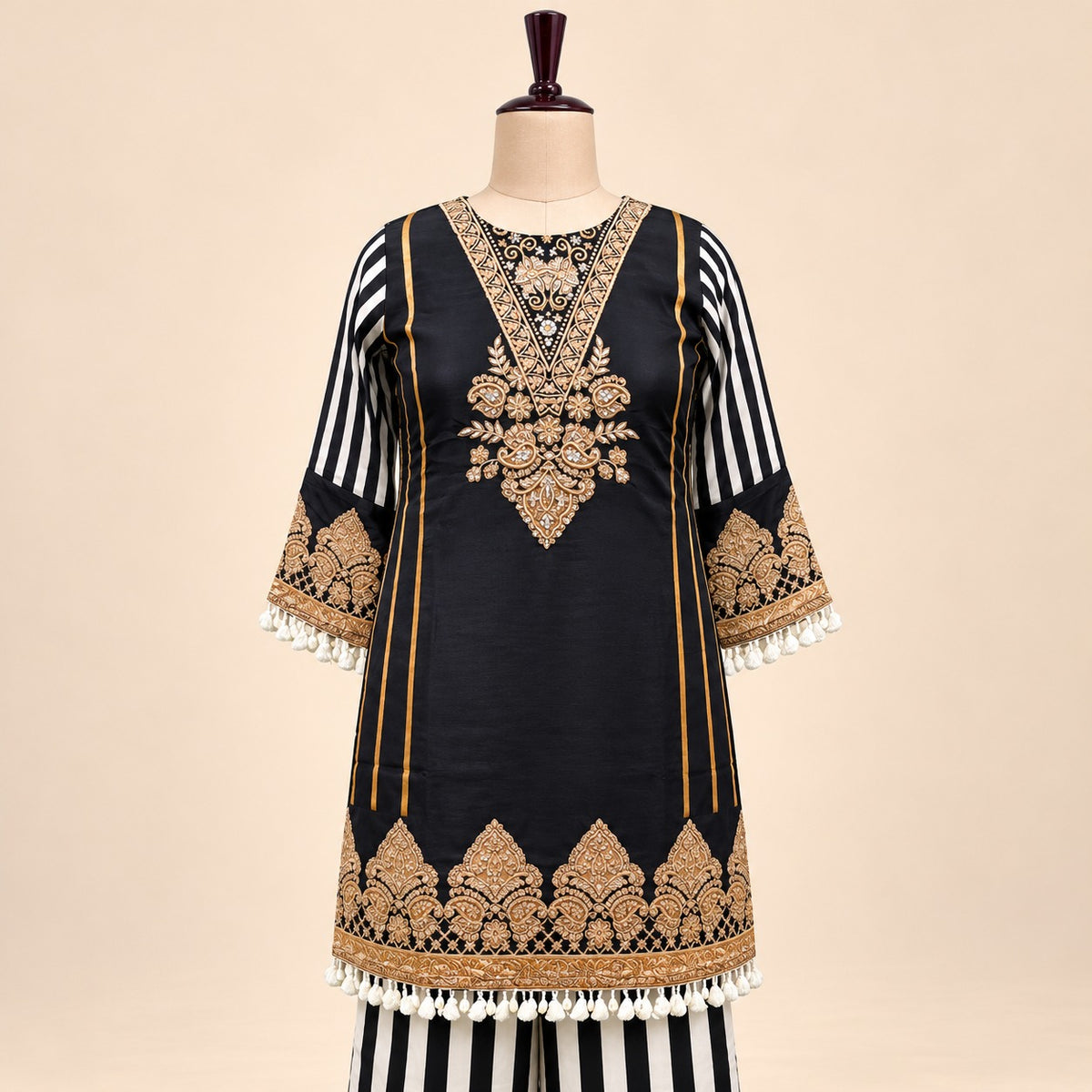 Black Crepe Golden Embroidered Palazzo Salwar Set